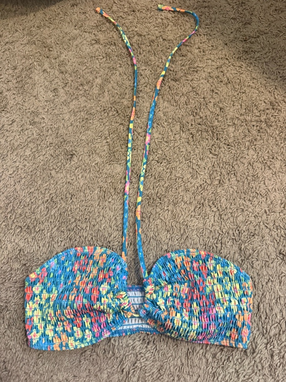 Flower Print Multicolor Smocked Bandeau Bikini Top